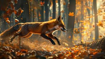 Autumn Forest Fox Sprinting, Dynamic Wildlife Photography for Design Print and Posters photo