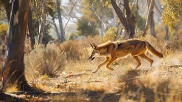 Dingo Running Through the Australian Bush, Wildlife in Natural Habitat, Nature Photography for Posters, Cards, and Prints photo