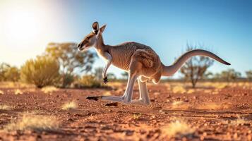 Kangaroo Hopping Across the Australian Outback at Full Speed, Bright Sunny Day, Wildlife in Motion, Nature Photography for Print and Digital Use photo