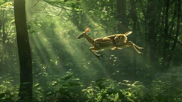 Graceful Deer Leaping Through Sunlit Dense Forest Natural Wildlife in Motion photo