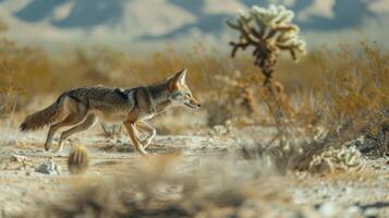Coyote Running Through Arid Desert Landscape with Cacti, Perfect for Wildlife and Nature Photography photo