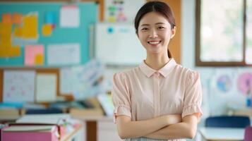 Confident Korean Female School Teacher Smiling in Classroom Setting, Education Theme, Bright and Welcoming Environment photo