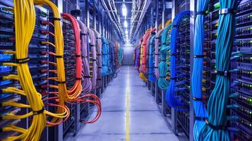 HighTech Data Center Server Room with Colorful Network Cables Arrangement and Server Racks photo