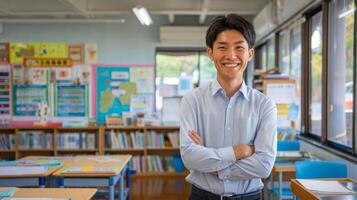 Smiling Japanese Male School Teacher in Classroom, Concept for Education, Diversity, and Inclusivity in Learning Environments photo