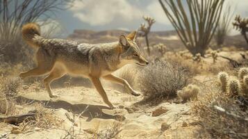 Coyote Running Through Arid Desert Landscape Wildlife Action Nature Photography for Print photo