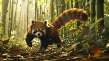 Red Panda Running Through a Bamboo Forest in Autumn, Perfect for Nature Photography and Wildlife Conservation Design photo