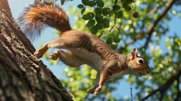 Agile Squirrel Leaping from Tree Branch in Lush Green Forest Ideal for Wildlife Enthusiasts and Nature Posters photo