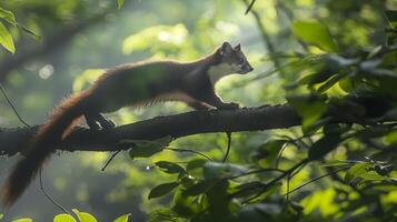 Pine Marten Stealthily Traversing Sunlit Forest Branch Amidst Lush Greenery Nature and Wildlife Photography for Posters, Prints, Cards photo