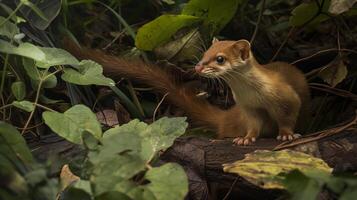 Slender Weasel Darting Through Dense Underbrush Amid Lush Green Foliage in Natural Habitat Suitable for Wildlife Posters and Educational Materials photo
