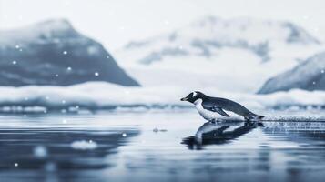Penguin Gliding Across Icy Landscape in Snowy Antarctic Scenery Winter Wildlife Photography photo