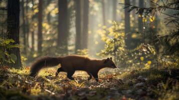 Pine Marten in Sunlit Forest Soil Scene, Wildlife Photography for Nature Conservation Projects and Environmental Awareness Campaigns photo