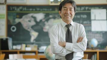 Confident MiddleAged Educator in Classroom with World Map Chalkboard, Embracing Diversity and Knowledge photo