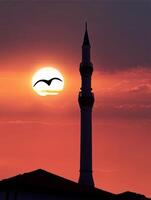 a bird flying in front of a sun with. Mosque minaret in the background photo