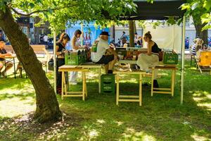 Podebrady- Czech- 27 July 2024. Street sale of LP record in the central park photo