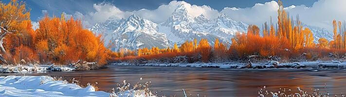 In autumn, a river meanders past snow-capped mountains and vibrant orange trees, while winter transforms the scene into a blanket of heavy white snow photo