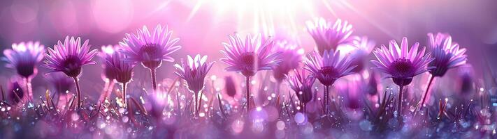 In the early morning light, a field of stunning purple daisies sparkles with fresh dew on their delicate petals, as sun rays filter through the flowers, creating a radiant display of a pink and violet photo