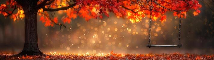 An autumn background features red leaves and a tree with a swing hanging from a branch, bathed in orange light and dotted with blurred bokeh lights photo