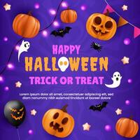 Cheerful Halloween backdrop featuring pumpkins, spiders, bats, flags, and a glowing fiesta lamp. Perfect for a party flyer or invitation template. EPS 10 illustration. vector