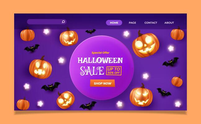 Halloween landing page template realistic style with pumpkin and cute bat. ESP 10 Illustration.