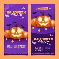 Vertical party banner template for halloween trick or treat with pumpkin and bat design elements. eps 10 vector