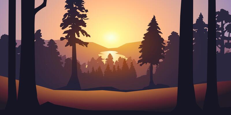 Sunrise over woodland with river and mountain