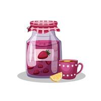 Cozy autumn. A jar of strawberry jam and a cup of tea with lemon on a white background. Treating colds with warm drinks. Delicious and healthy drinks. vector