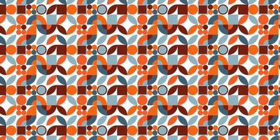 Geometric pattern with circles, squares, semicircles, and petals in brown, orange, blue. Versatile design suitable for backgrounds, textiles, packaging. vector