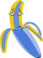 Blue and yellow banana with sad eyes and frown, great for showcasing emotions in food illustrations or creating unique character designs. vector