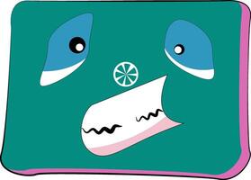 Teal square featuring blue eyes and white mouth with black squiggly lines, pink border, and green citrus. Suitable for graphic design projects. vector