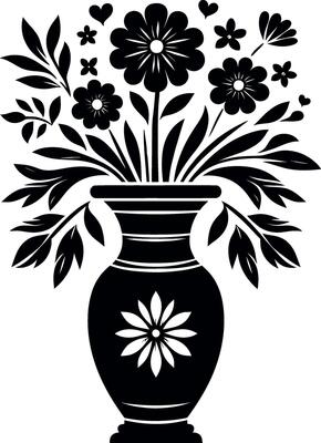 A Flower Vase black and white Silhouette isolated on a white background