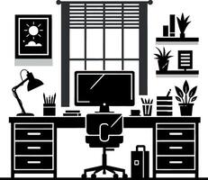 office desk silhouette on a white background, office interior desk with computer chair and table silhouette silated on white background vector