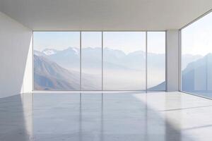 empty room with panoramic view of the mountains and blue sky photo
