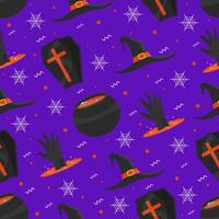 Halloween seamless pattern with illustration of cauldron, witch hat, and cobweb on purple background. Illustration Halloween pattern vector