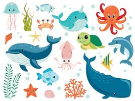 Set with hand drawn sea life elements. cartoon set of sea animals objects for your design. Cartoon hand drawn style. vector