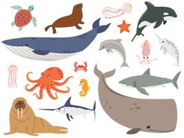 Set with hand drawn sea life elements. cartoon set of sea animals objects for your design. Cartoon hand drawn style. vector