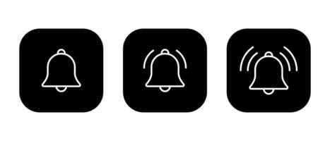 Ring bell icon set on black square. Notification button vector