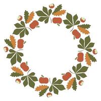 Fall leaf Wreath clipart, Autumn Round Flat Botany Frame. Isolated on white Illustration in Cartoon Style. Color Leaves background with Space for Text, Template with Copy Space for Card vector