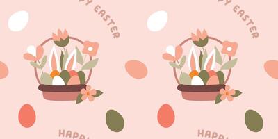 Easter Seamless Pattern with Bunny rabbit, Eggs, Basket and Spring Flowers on Pink background. Flat Cartoon Background with Lettering Happy Easter. Celebration Template for Gift Wrapping Paper vector