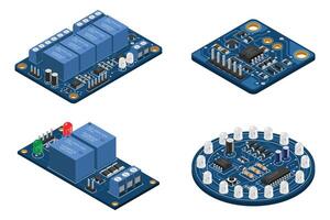 Set of isometric electronic board. Isometric printed circuit board with electronic components. Electronic components and integrated circuit board vector