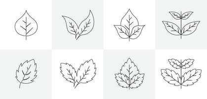 Set of black leaves icons and branches drawing of single continuous line isolated on background vector