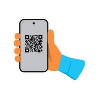 QR code scanning icon in smartphone. hand holding Mobile phone in line style, barcode scanner for pay, web, mobile app, promo. vector