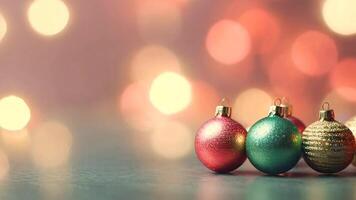 Christmas ornaments on a table with soft, glowing bokeh lights in the background video