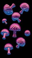 This 3D holographic mushrooms design embodies a minimalist retro style, featuring sleek lines and a nostalgic aesthetic video