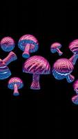 This 3D holographic mushrooms design embodies a minimalist retro style, featuring sleek lines and a nostalgic aesthetic video
