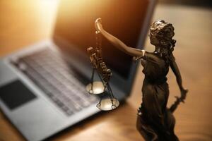 Judge gavel with Justice lawyers having team meeting at law firm background. Concepts of Law and Legal services. photo