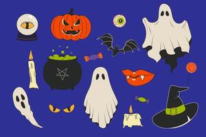 Retro groovy Halloween set. Ghost, vampire, witch, pumpkin. vector