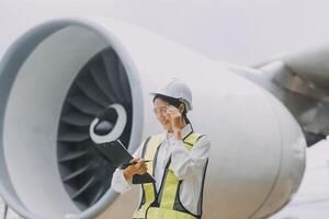 Technician fixing the engine of the airplane,Female aerospace engineering checking aircraft engines,Asian mechanic maintenance inspects plane engine photo