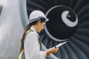 Technician fixing the engine of the airplane,Female aerospace engineering checking aircraft engines,Asian mechanic maintenance inspects plane engine photo
