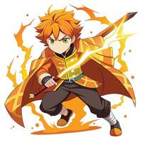Dynamic Anime Warrior with Flaming Sword and Lightning Power Vibrant Action Pose Illustration vector