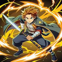 Dynamic Anime Warrior with Flaming Sword in Epic Action Pose vector